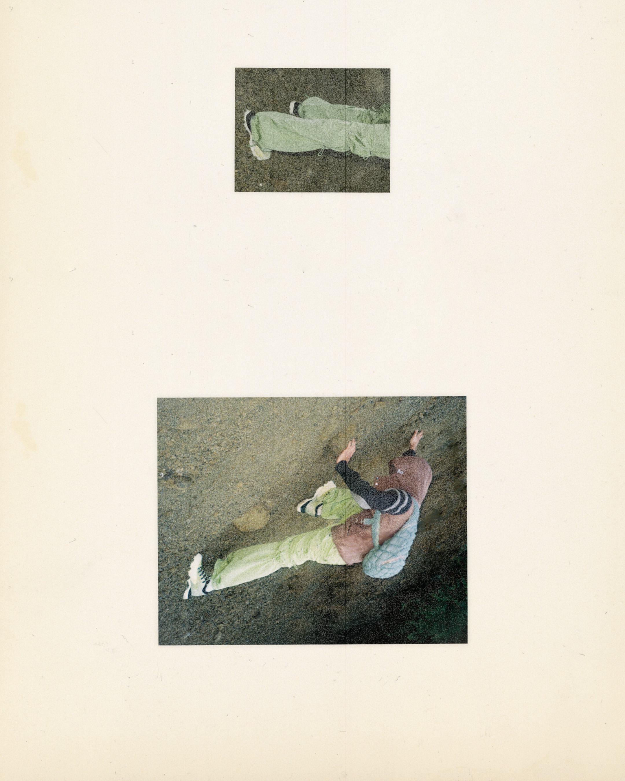 Person in hooded shirt and light pants is outdoors sitting near rock formation in an overhead shot with a second, blurry inset image.