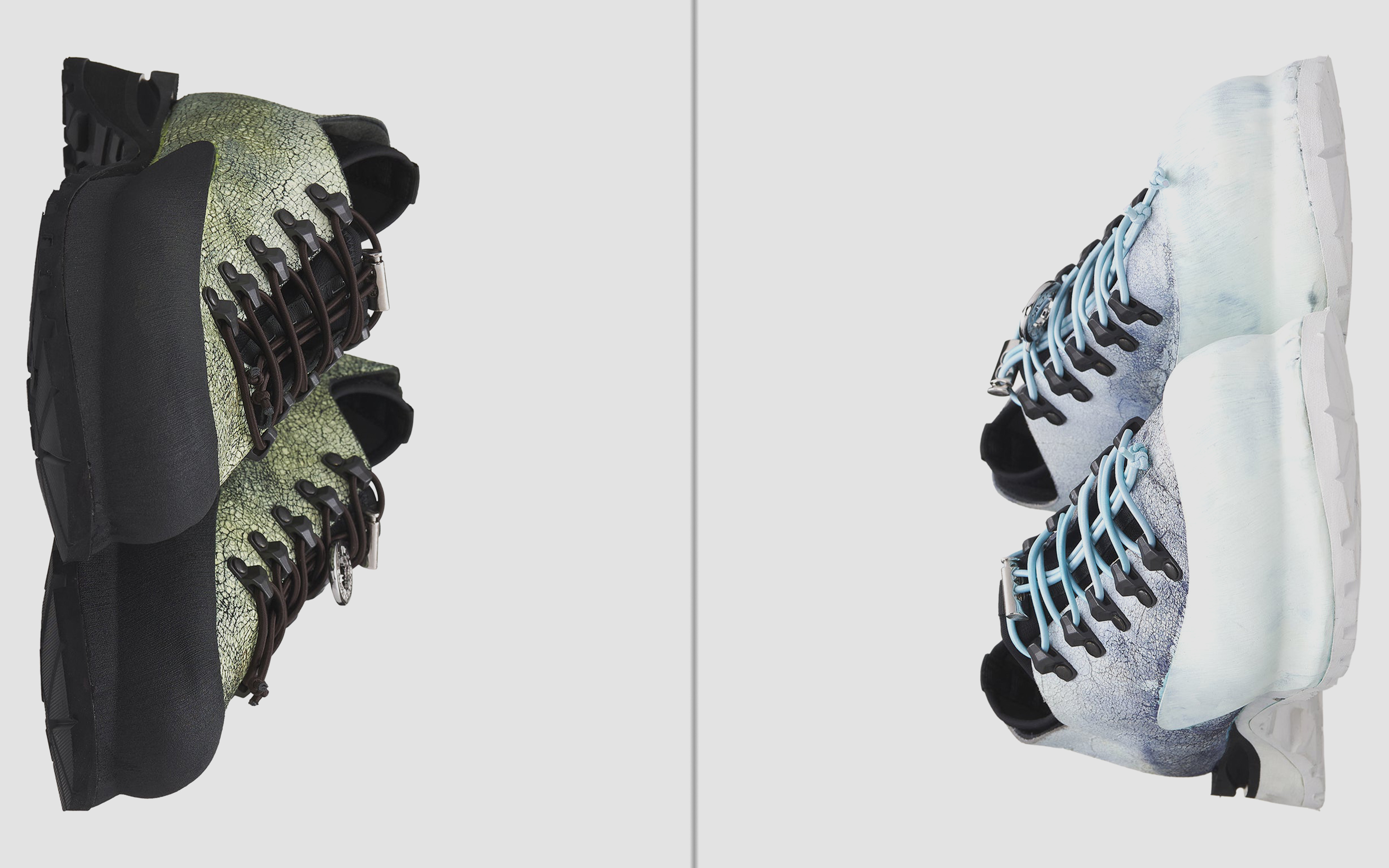 Two pairs of hiking shoes are positioned side by side, one in shades of green and black, and the other in white and light blue.