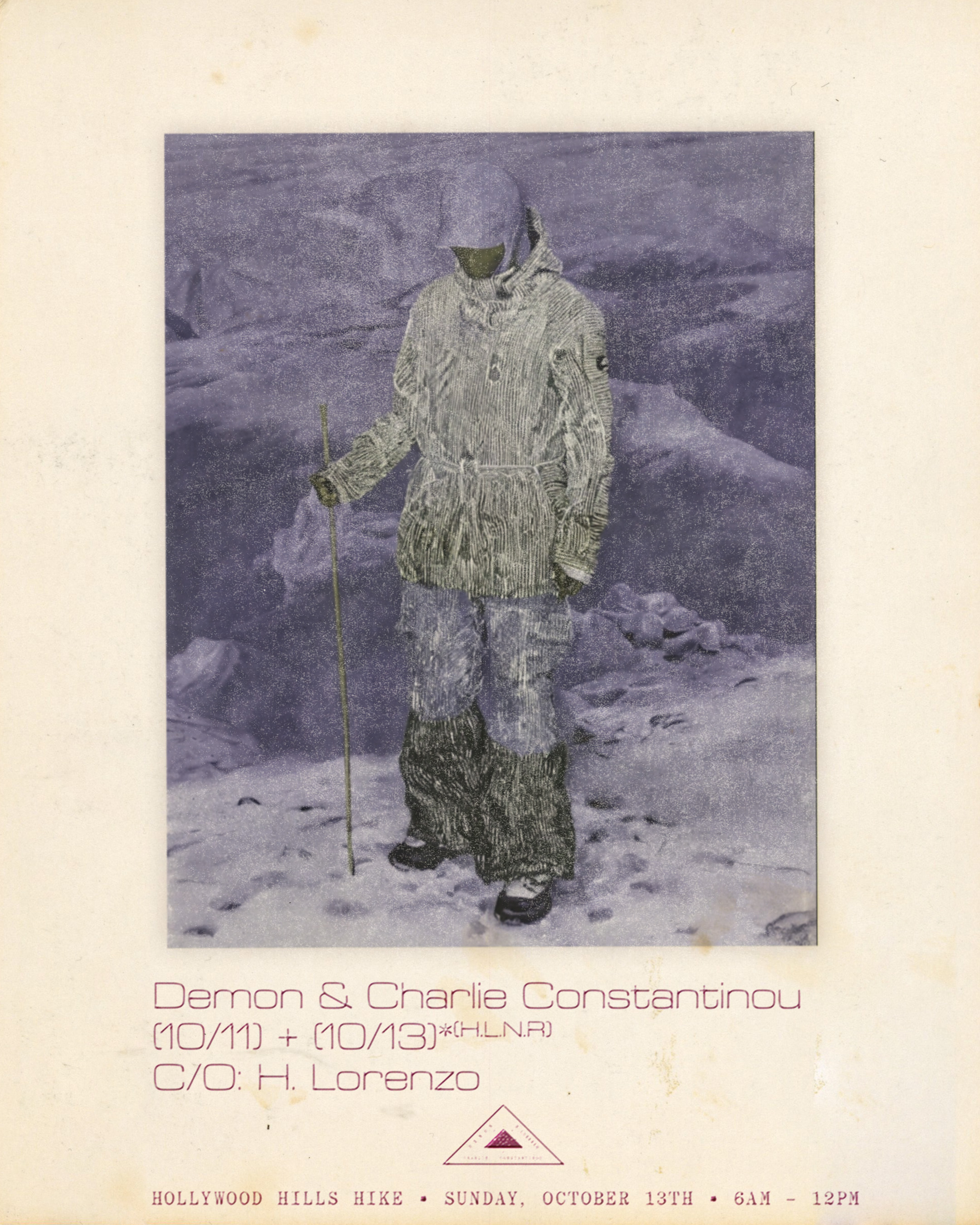 Person in snowsuit with walking stick stands in a snowy, rocky landscape; poster for Hollywood Hills Hike event.