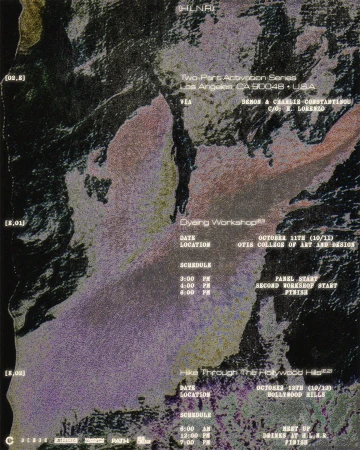 Flyer promoting Two-Part Activation Series and Hike Through the Hollywood Hills events, plus a Dyeing Workshop at Otis College of Art.