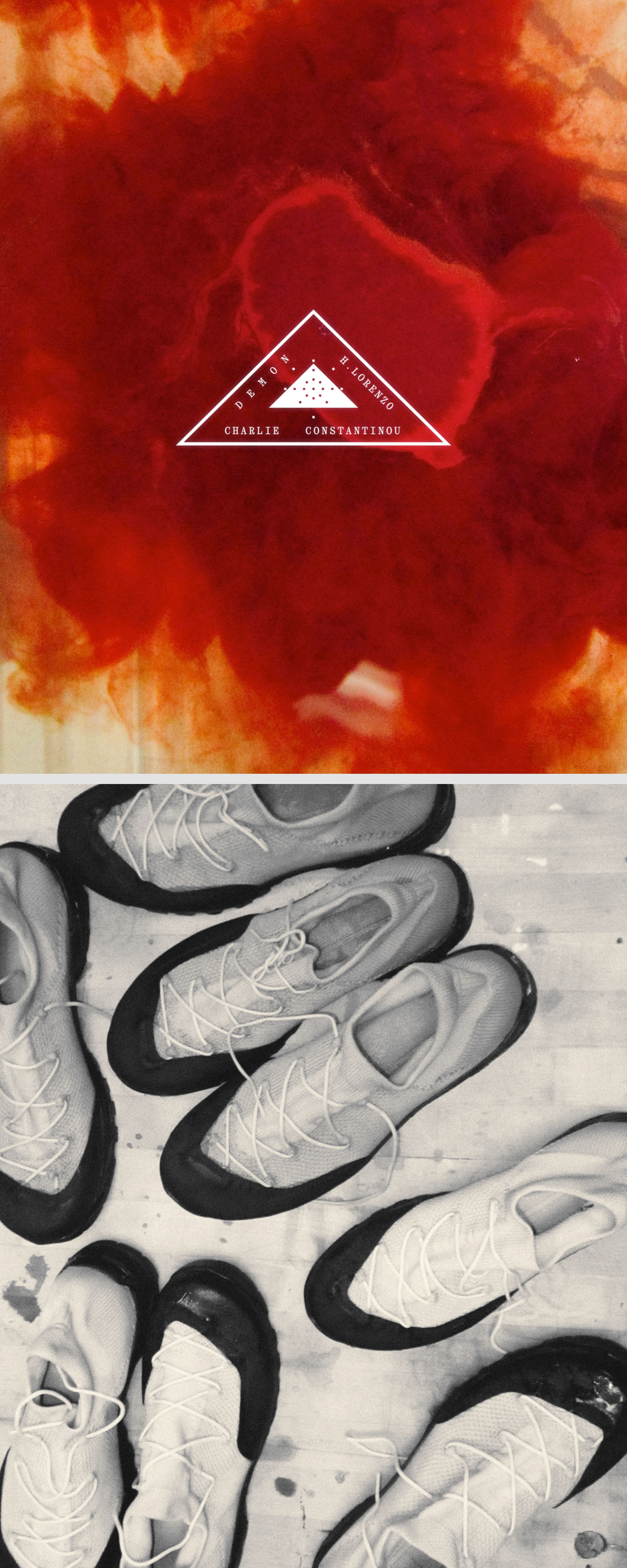 Abstract fashion photography with shoes artfully arranged below a flowing red ink cloud, offering a creative visual juxtaposition.