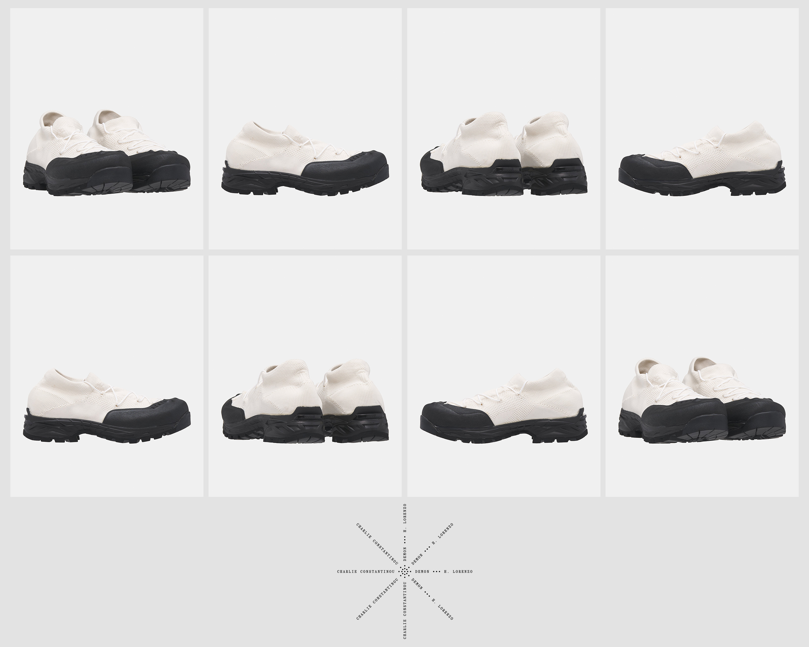 Several angles of white and black low-top sneakers are displayed against a white background, showcasing the footwear in a product shot.