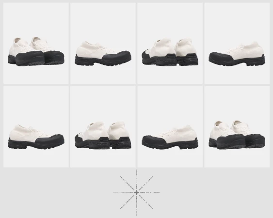 Several angles of white and black low-top sneakers are displayed against a white background, showcasing the footwear in a product shot.