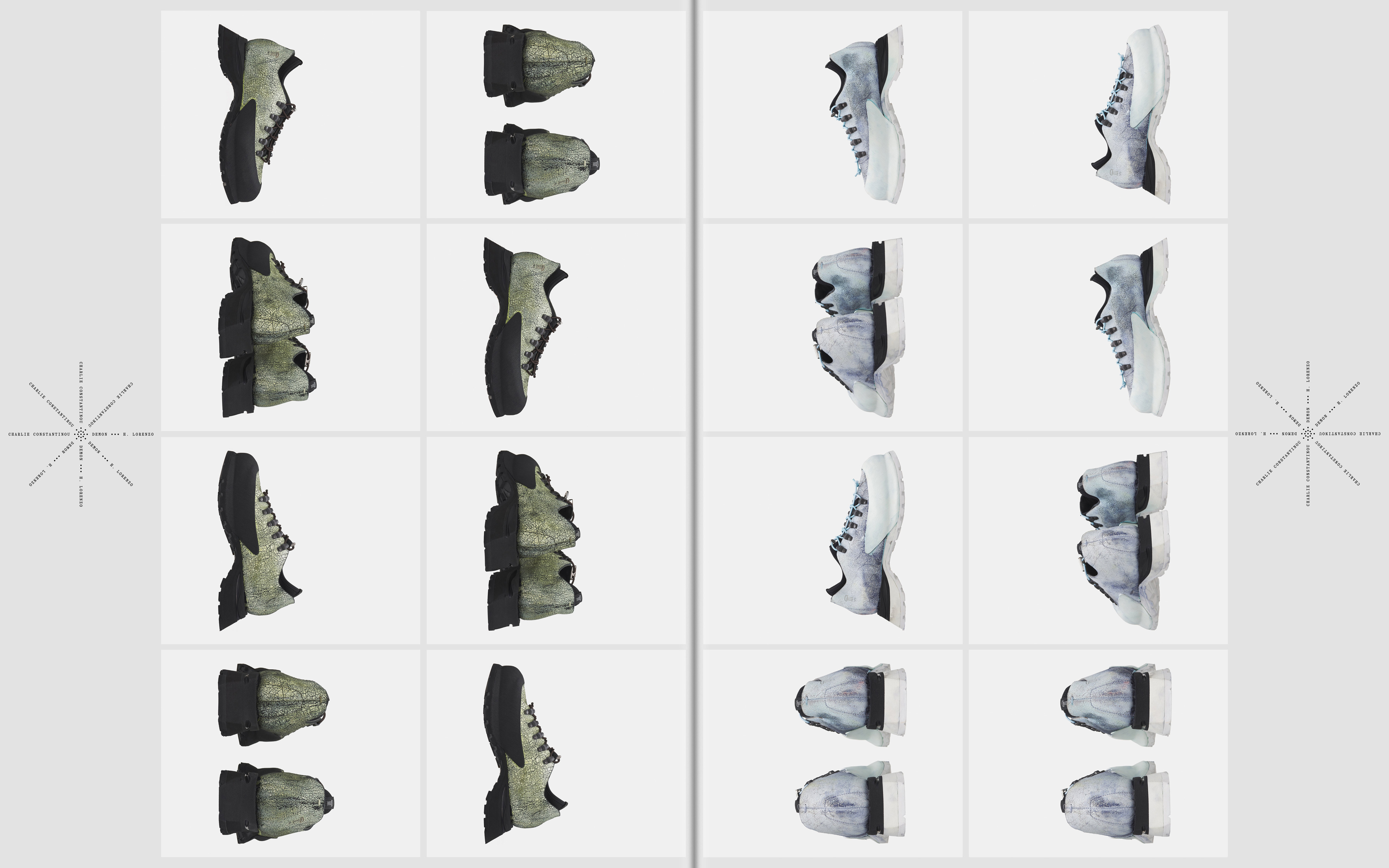Multiple views of a pair of olive green athletic shoes with black soles are displayed on a light gray background for advertising.