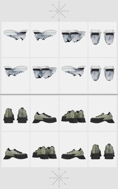Multiple views of a pair of olive green athletic shoes with black soles are displayed on a light gray background for advertising.