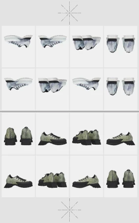 Multiple views of a pair of olive green athletic shoes with black soles are displayed on a light gray background for advertising.