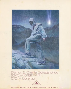 A poster featuring a hooded figure stepping onto rocks in a mountain landscape under a starry sky with a bright light streak.