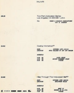 Minimalist event schedule document featuring black typography detailing a two-part activation series on an off-white background.