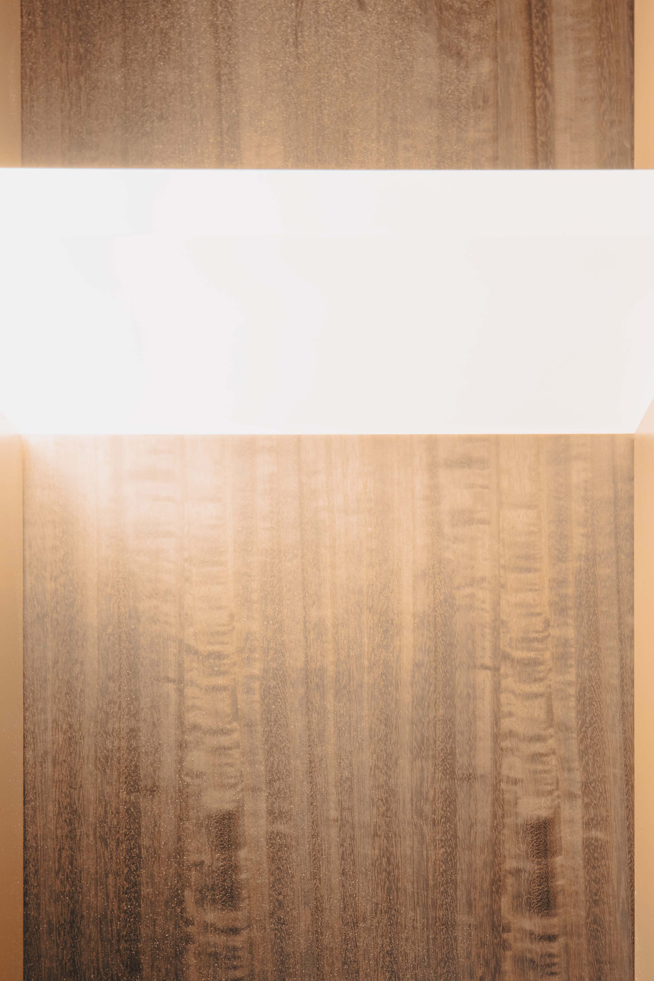 Close-up of a wood wall panel with vertical grain and a horizontal white stripe. The wood features warm brown tones and subtle texture.