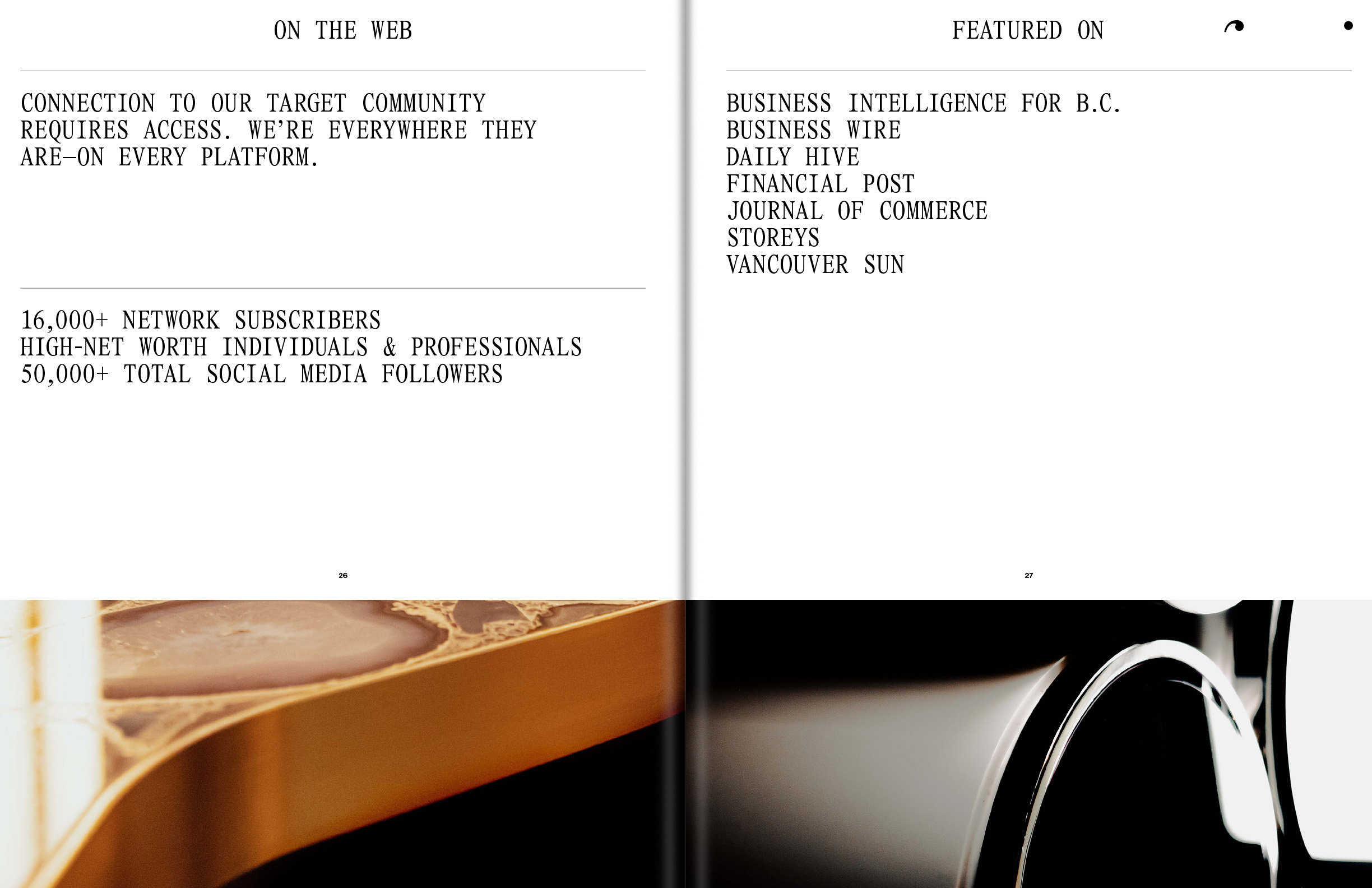 Close-up of an open magazine spread with text and abstract design elements on each page, capturing a modern, minimalist aesthetic.