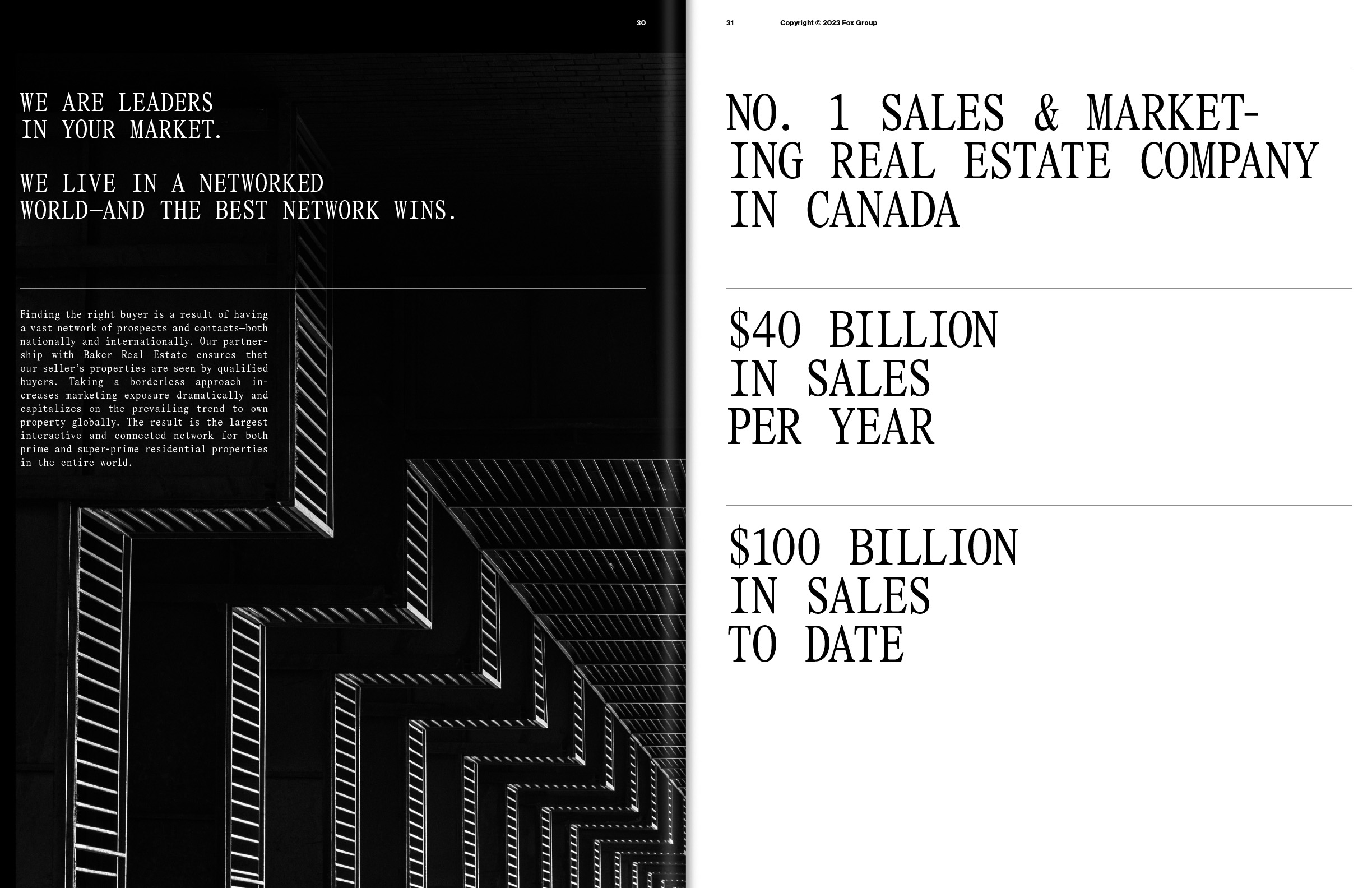 Monochrome image of building interior and advertising text. Real estate company advertisement on the right side of the image.