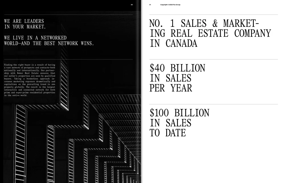 Monochrome image of building interior and advertising text. Real estate company advertisement on the right side of the image.