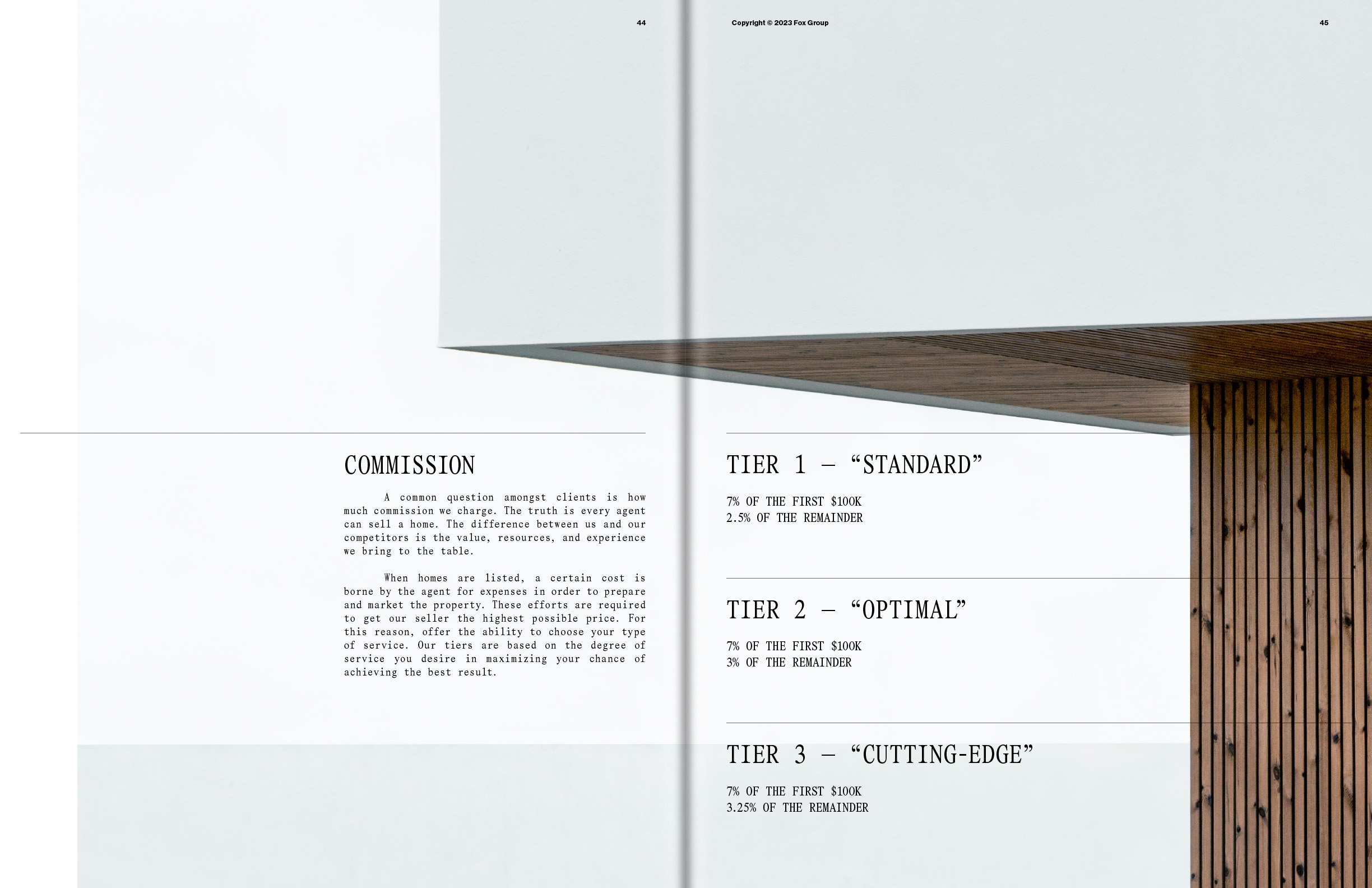 Marketing material displays commission tiers for real estate services with architectural details of a modern home as a backdrop.