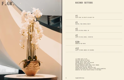 Editorial magazine spread with a potted white orchid on the left and a minimalist typography layout listing real estate records on the right.