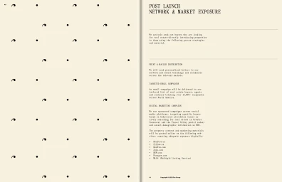 Open brand collateral booklet spread featuring a repeating black dot and curve pattern on the left and structured marketing text on the right.