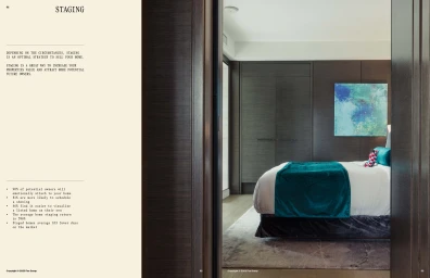 Editorial presentation page for FOX Group showcasing real estate staging statistics alongside a modern bedroom with a teal throw.