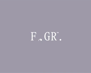 White serif logo typography reading F. GR centered on a solid muted slate lavender background.