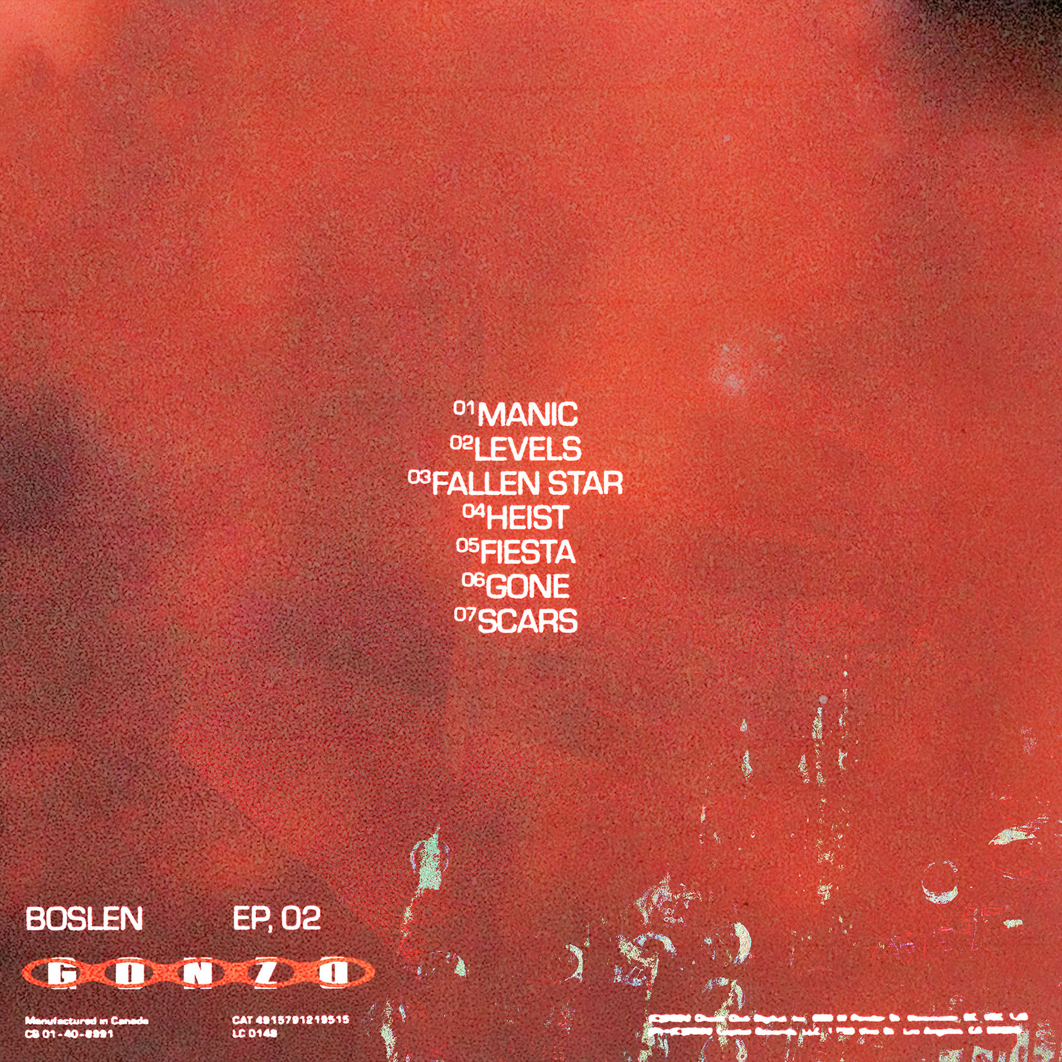 Image of a music album cover featuring the tracklist of Boslen's EP, set against a textured red background with prominent album branding.