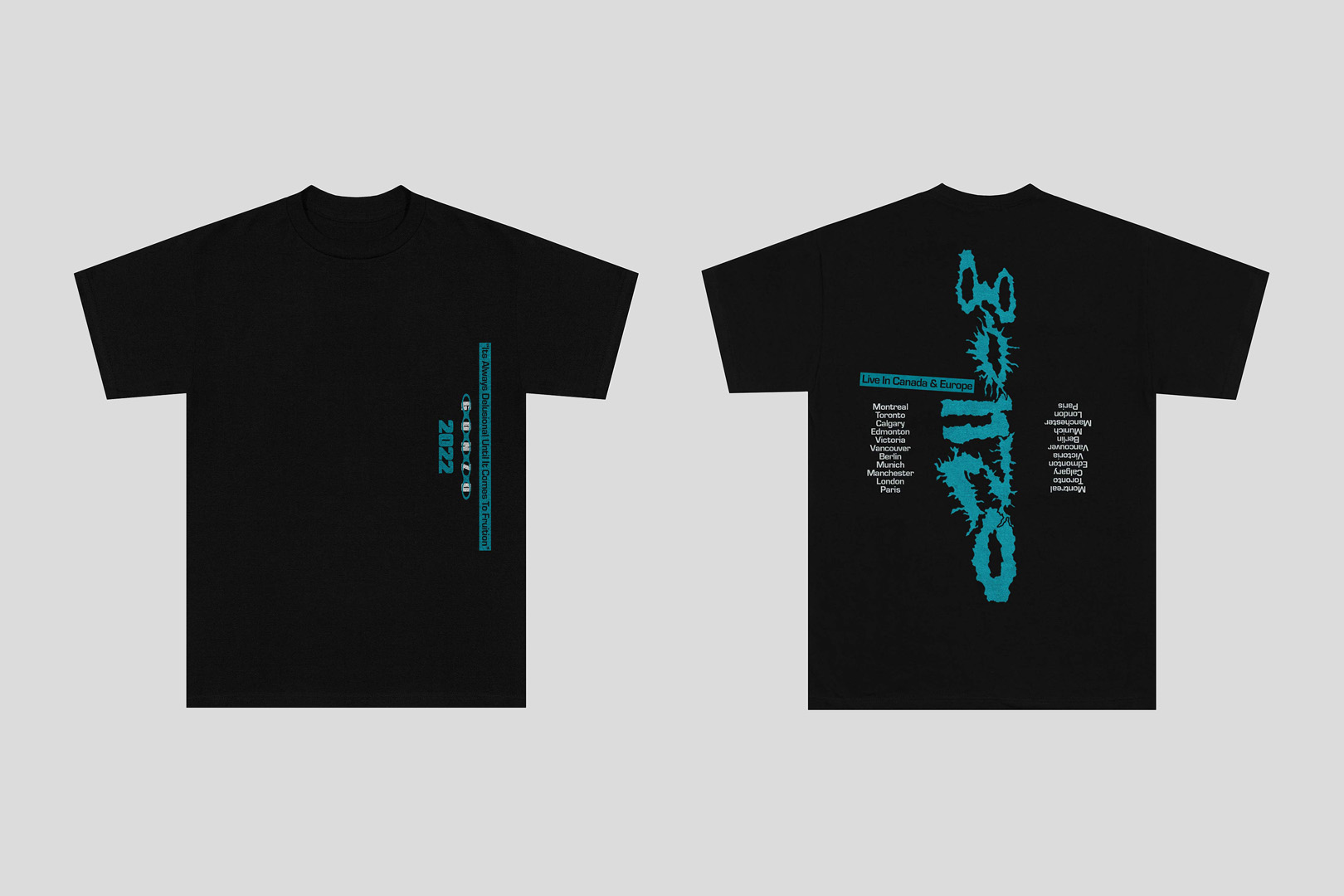 Two black t-shirts are displayed against a light gray background. One t-shirt shows a list of cities and dates for concert tour.