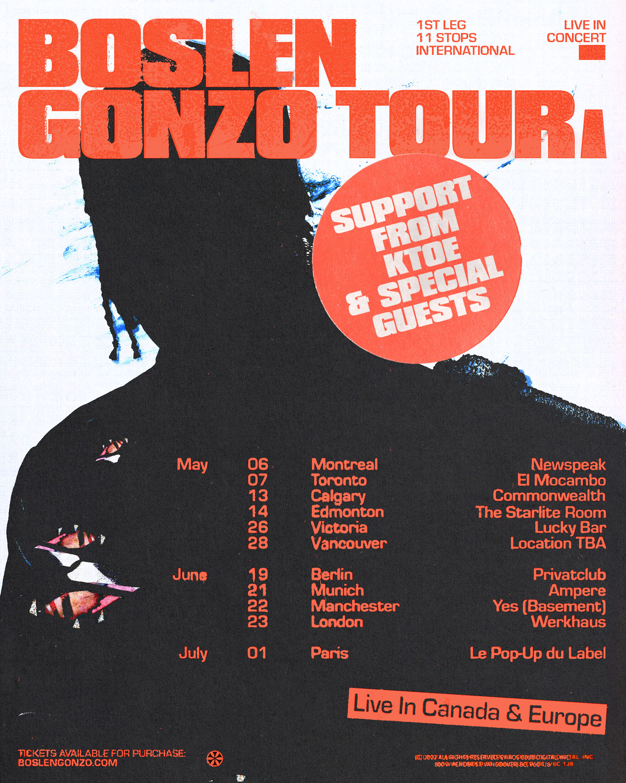 Flyer for the Boslen Gonzo Tour featuring an illustrated figure in silhouette, tour dates, and the text 'Live in Canada & Europe'.