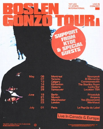 Flyer for the Boslen Gonzo Tour featuring an illustrated figure in silhouette, tour dates, and the text 'Live in Canada & Europe'.