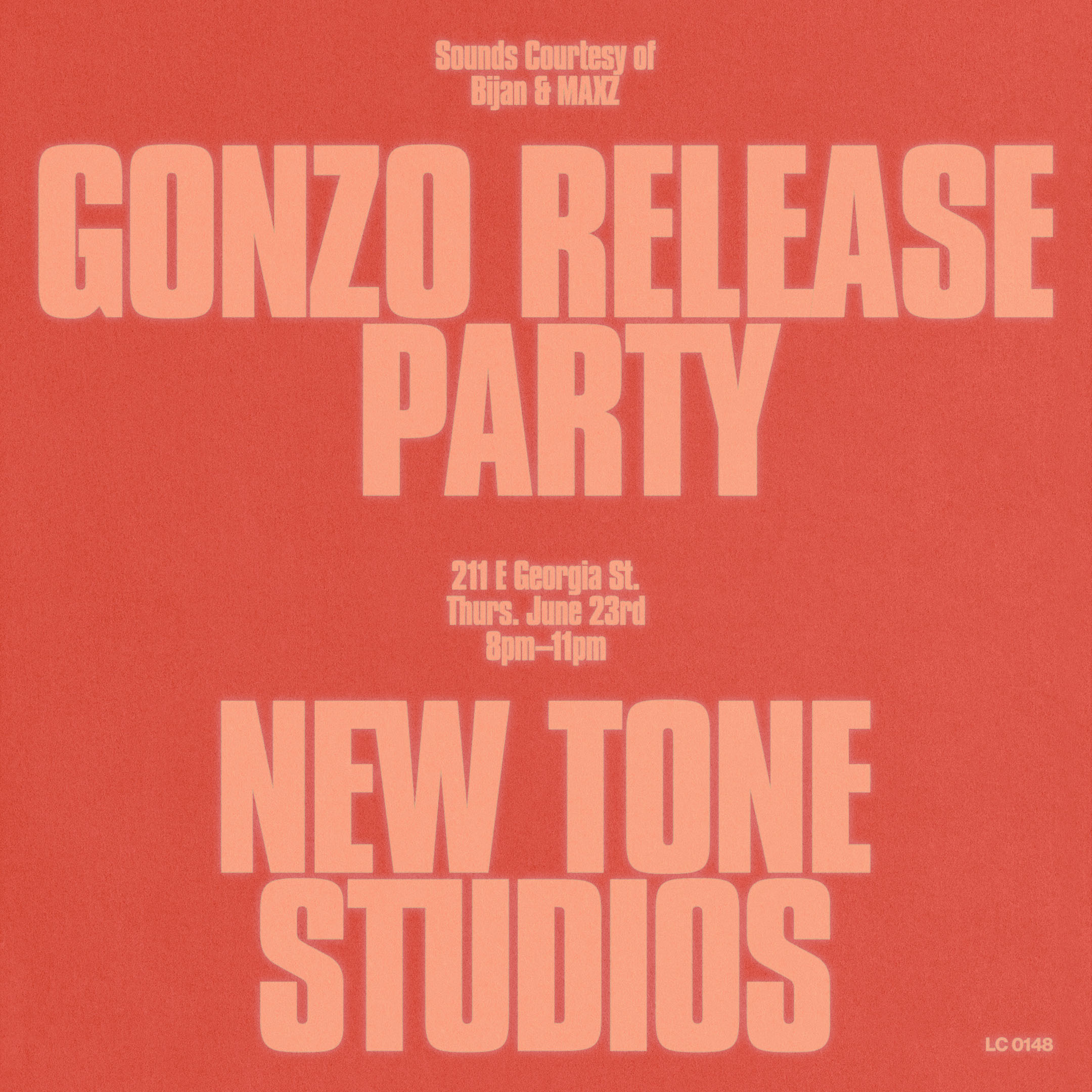Flyer for Gonzo Release Party at New Tone Studios, with text elements and peach color palette. Event details included.