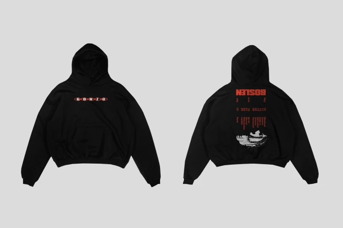 Two black hooded sweatshirts are displayed against a grey background. The left sweatshirt's front is visible; the right sweatshirt's back is visible.
