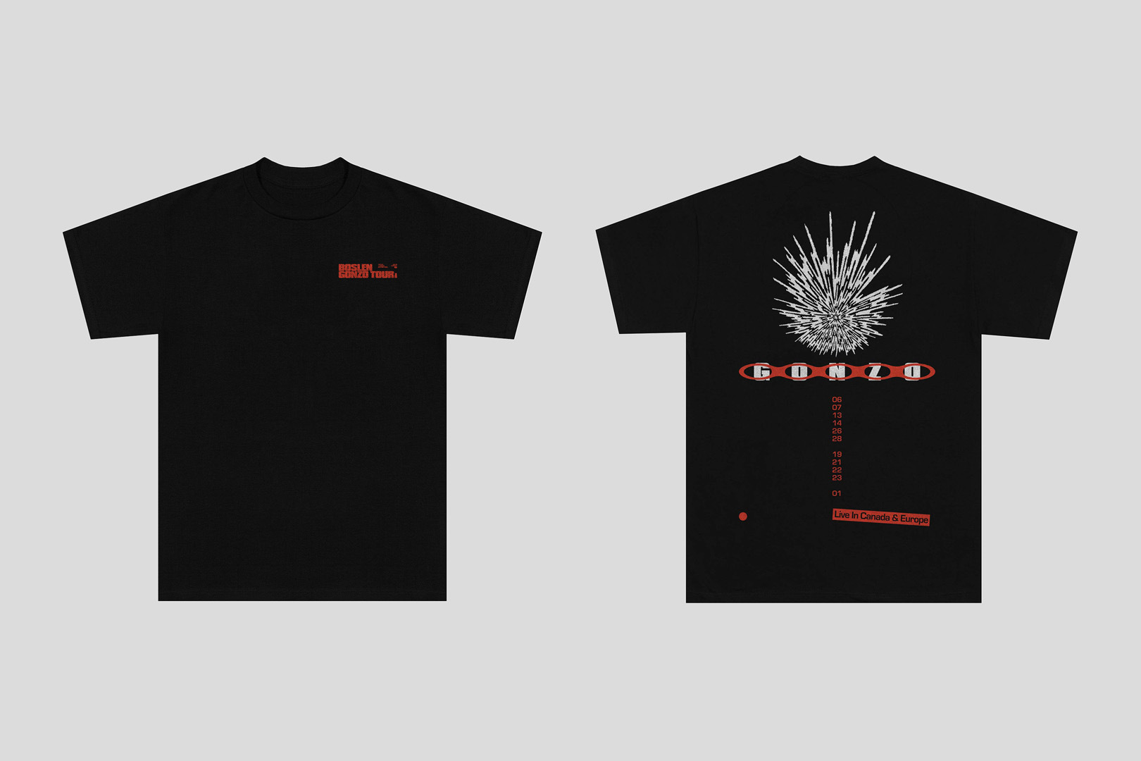 Two black t-shirts are laid on a grey background. The left t-shirt has text on the upper left. The right t-shirt has a white burst and the word Gonzo.