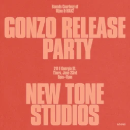 Peach-colored typography reading GONZO RELEASE PARTY and NEW TONE STUDIOS against a solid textured red-orange background.