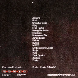 Typography and contributor credits list on dark textured background with red Gonzo logo for Boslen's EP campaign.