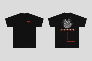 Front and back views of a black graphic t-shirt design with red text and white spiky artwork on a solid grey backdrop.