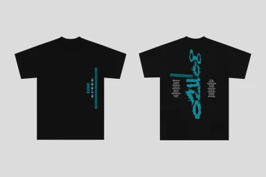 Front and back flat lay mockup of a black graphic t-shirt with cyan typography and tour dates on a grey background.