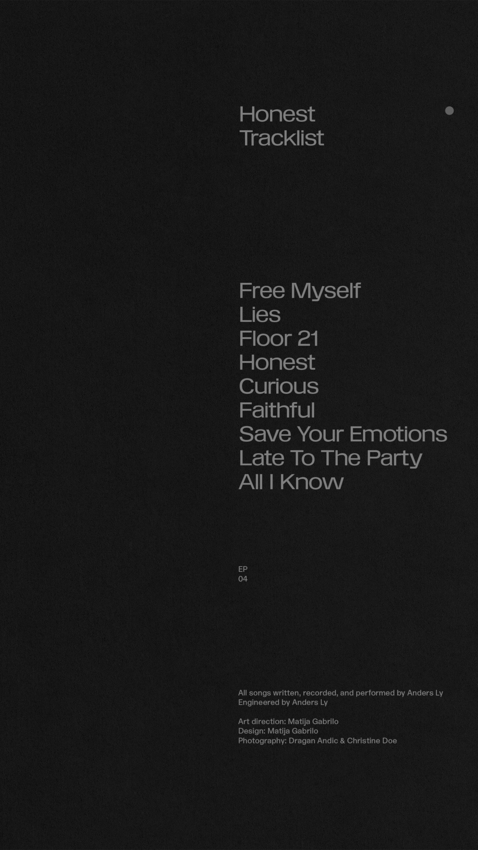 Black album cover featuring white text listing tracklist including titles such as: Free Myself, Lies, Floor 21, and All I Know.