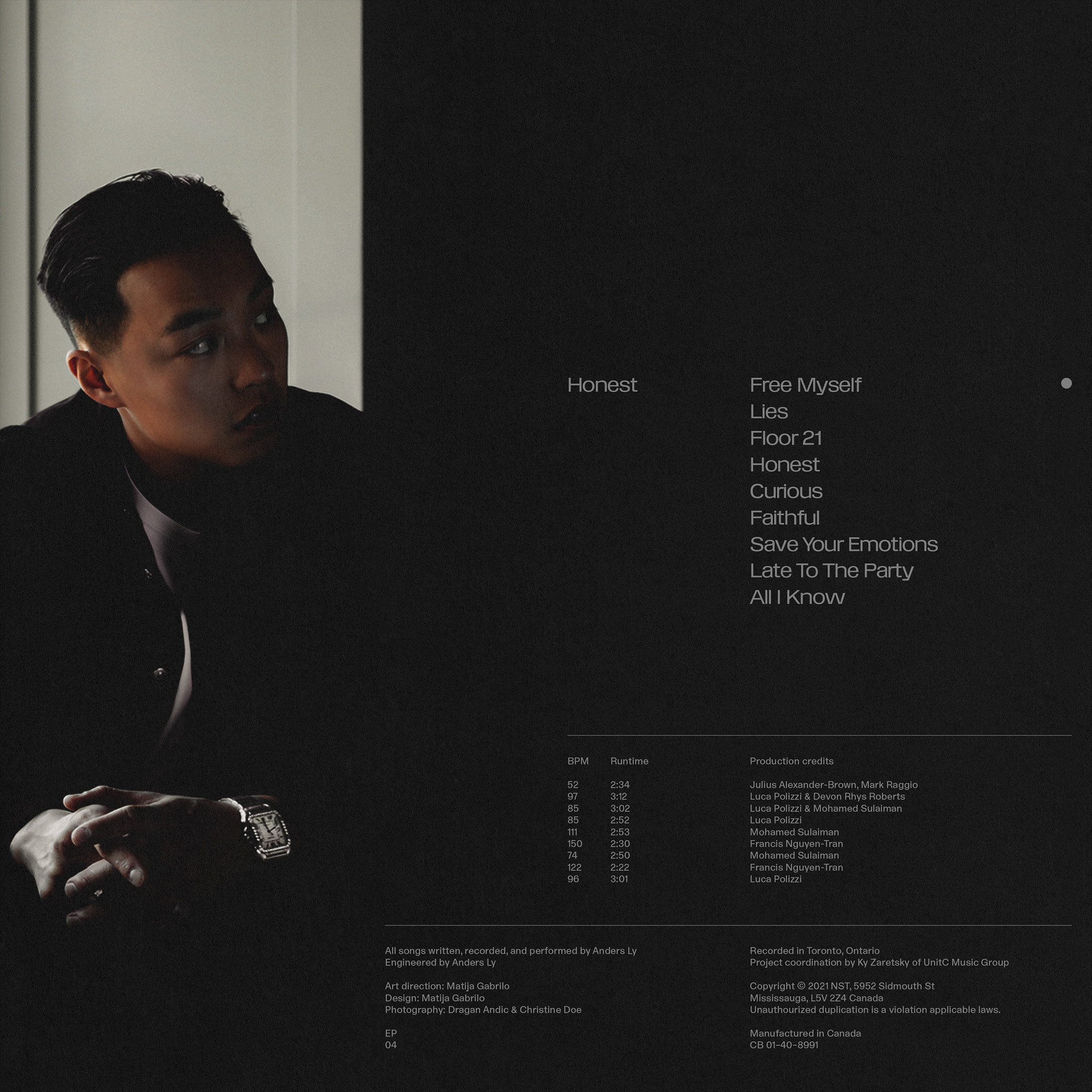Portrait of an Asian man with dark hair, wearing a black shirt, looking away from the camera with song titles displayed as text overlay.