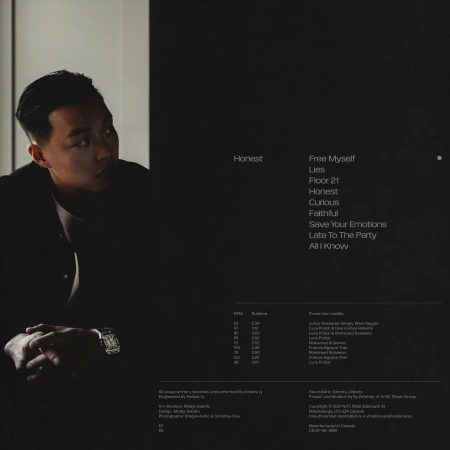 Portrait of an Asian man with dark hair, wearing a black shirt, looking away from the camera with song titles displayed as text overlay.