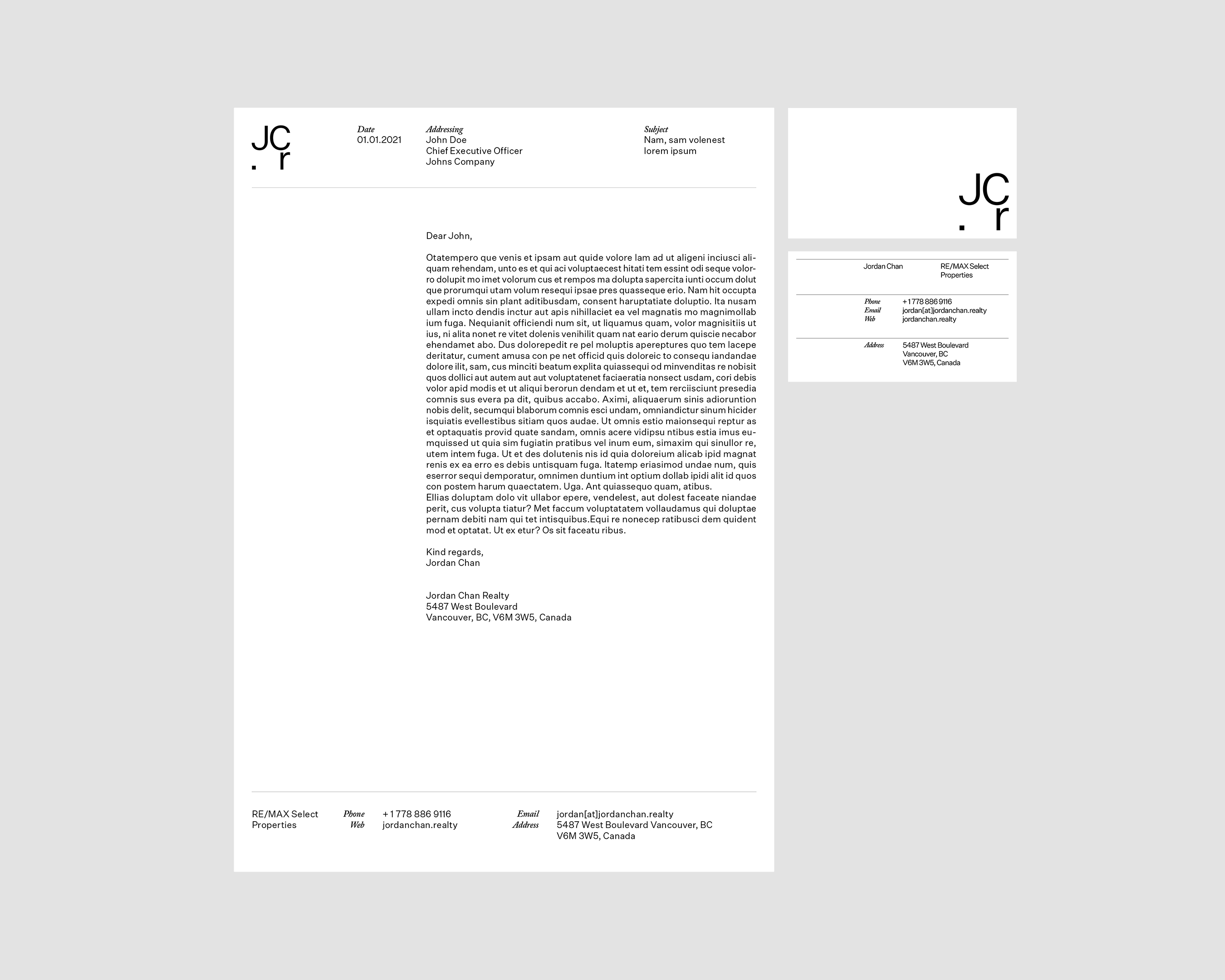 Stationery set featuring a letter and a business card with modern, minimalist design on a light gray backdrop, promoting a real estate business.