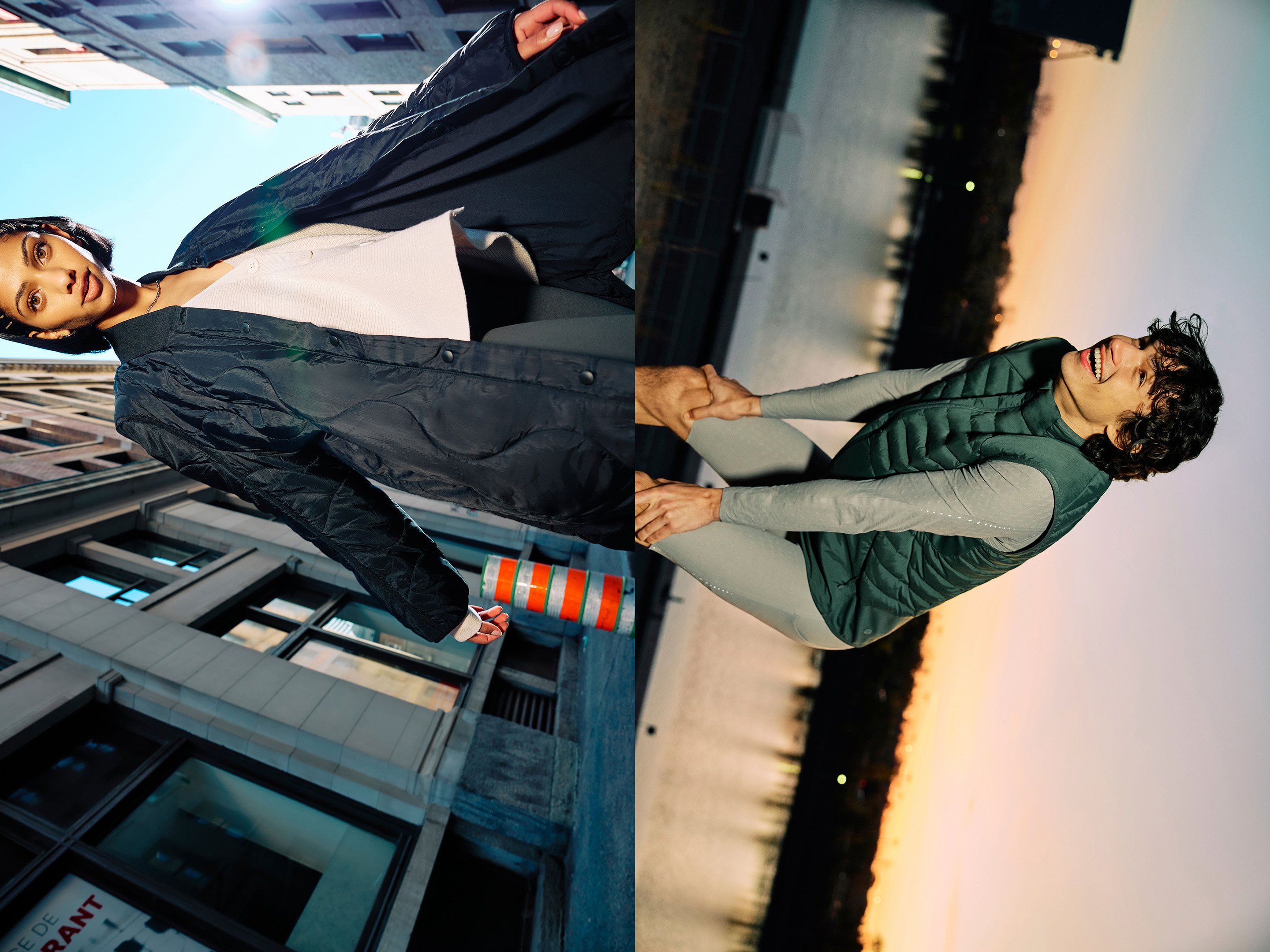Two scenes merged: Woman in coat in city, man exercising by water at sunset, creating a contrast between urban style and fitness lifestyle.