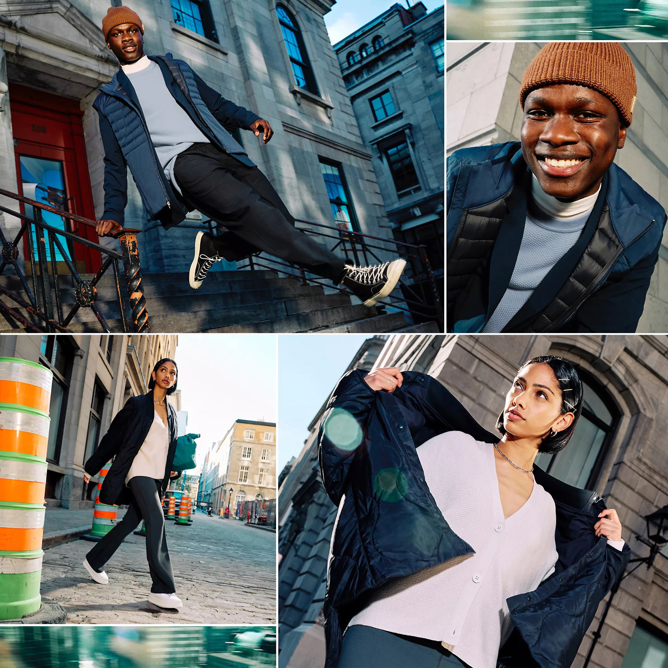 Collage of a young adult male in streetwear walking in the city, alongside an eye-level view of a young adult female walking on the street.