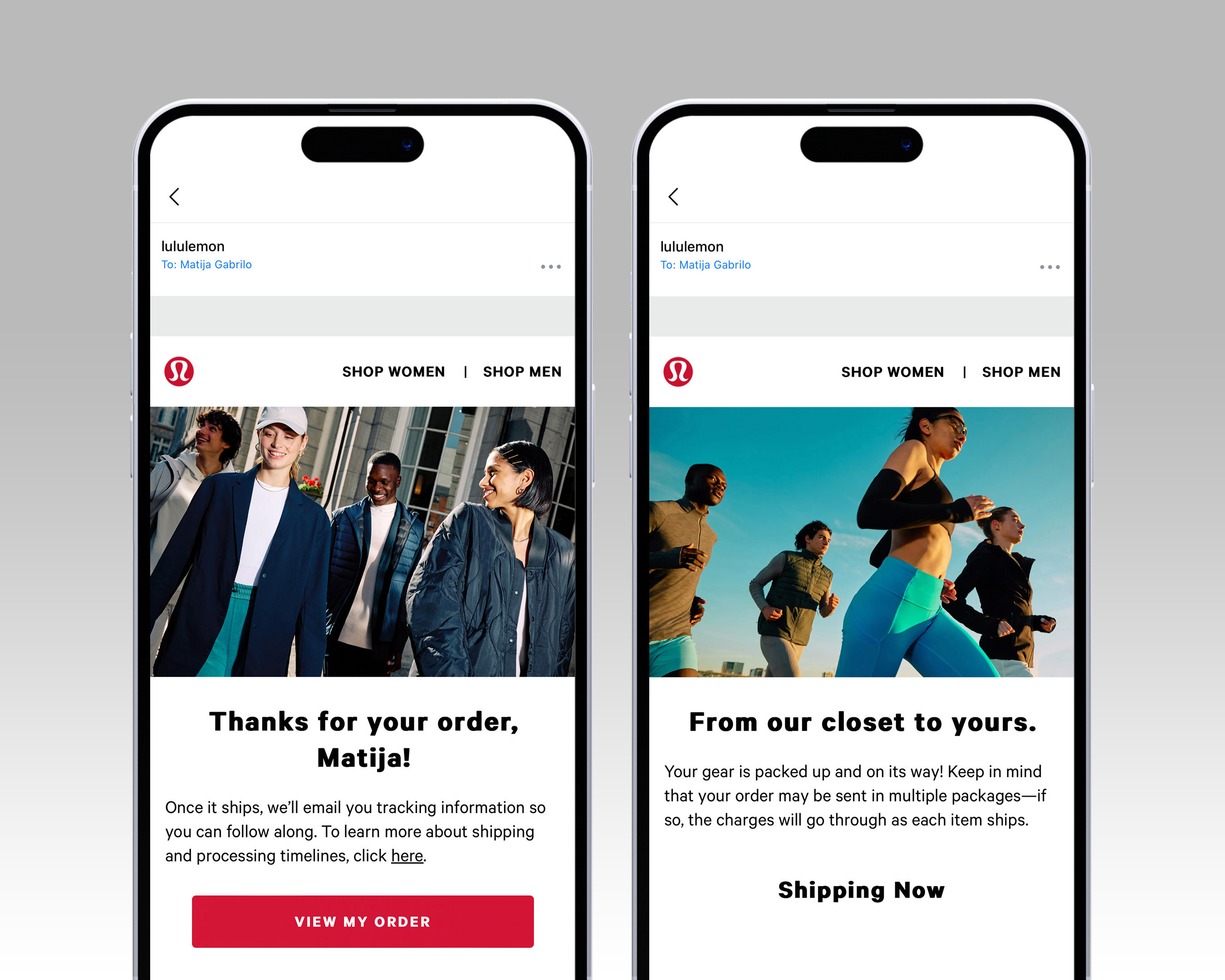 Lululemon ad on two phone screens showing diverse people wearing sportswear. On one screen, people in casual outfits in an urban setting, on the other a running group.