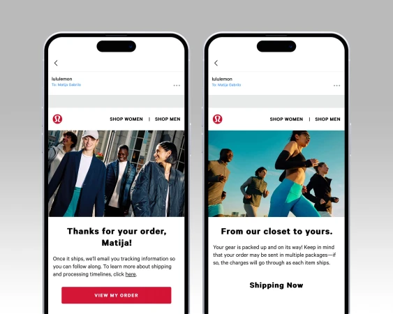 Lululemon ad on two phone screens showing diverse people wearing sportswear. On one screen, people in casual outfits in an urban setting, on the other a running group.