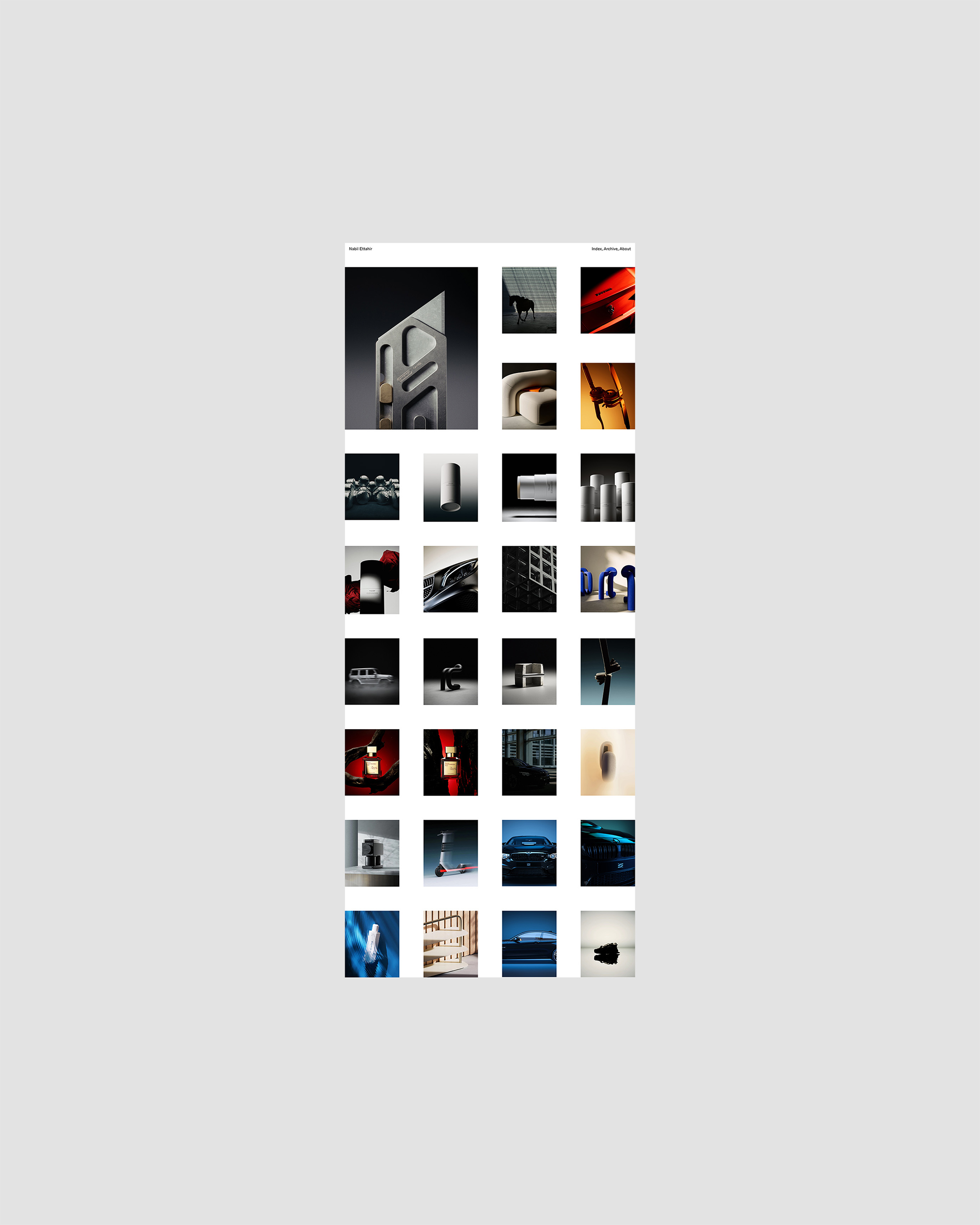 Collection of product and architectural still life images arranged on a grid, offering a diverse range of textures, forms, and colors.