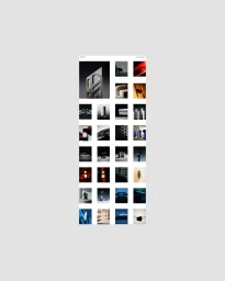 Digital portfolio grid layout displaying multiple columns of industrial design, automotive, and product photography thumbnails on white.