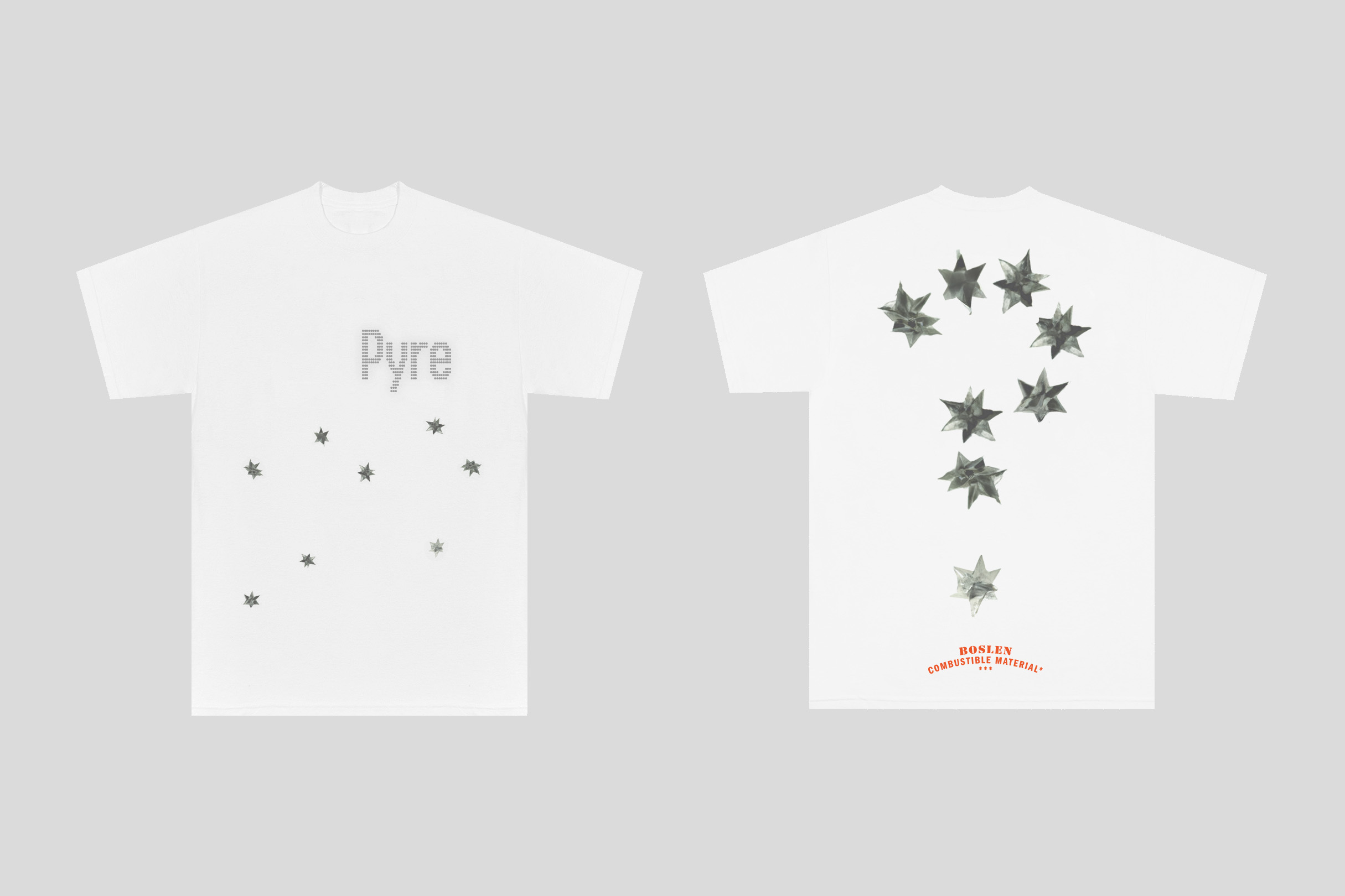 Two white t-shirts are displayed on a light gray background, one with 'Pyre' in block letters and stars, the other with star question mark design.