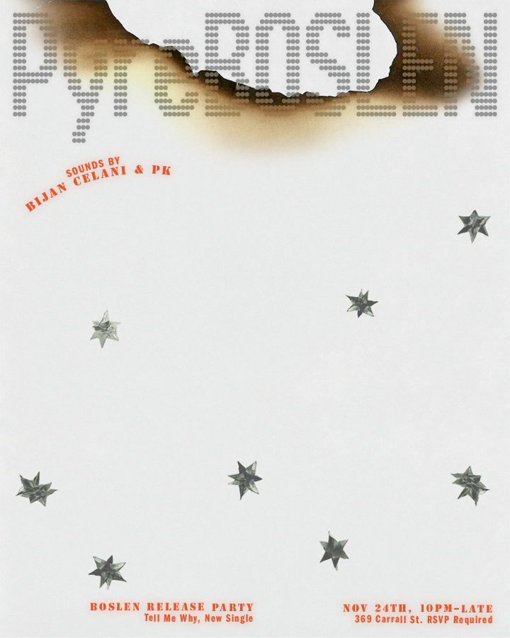 Promotional material for the artist Boslen, featuring a light grey, dotted text design and several star objects over a white surface.