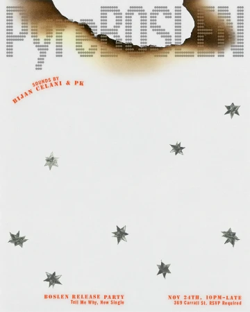Promotional material for the artist Boslen, featuring a light grey, dotted text design and several star objects over a white surface.