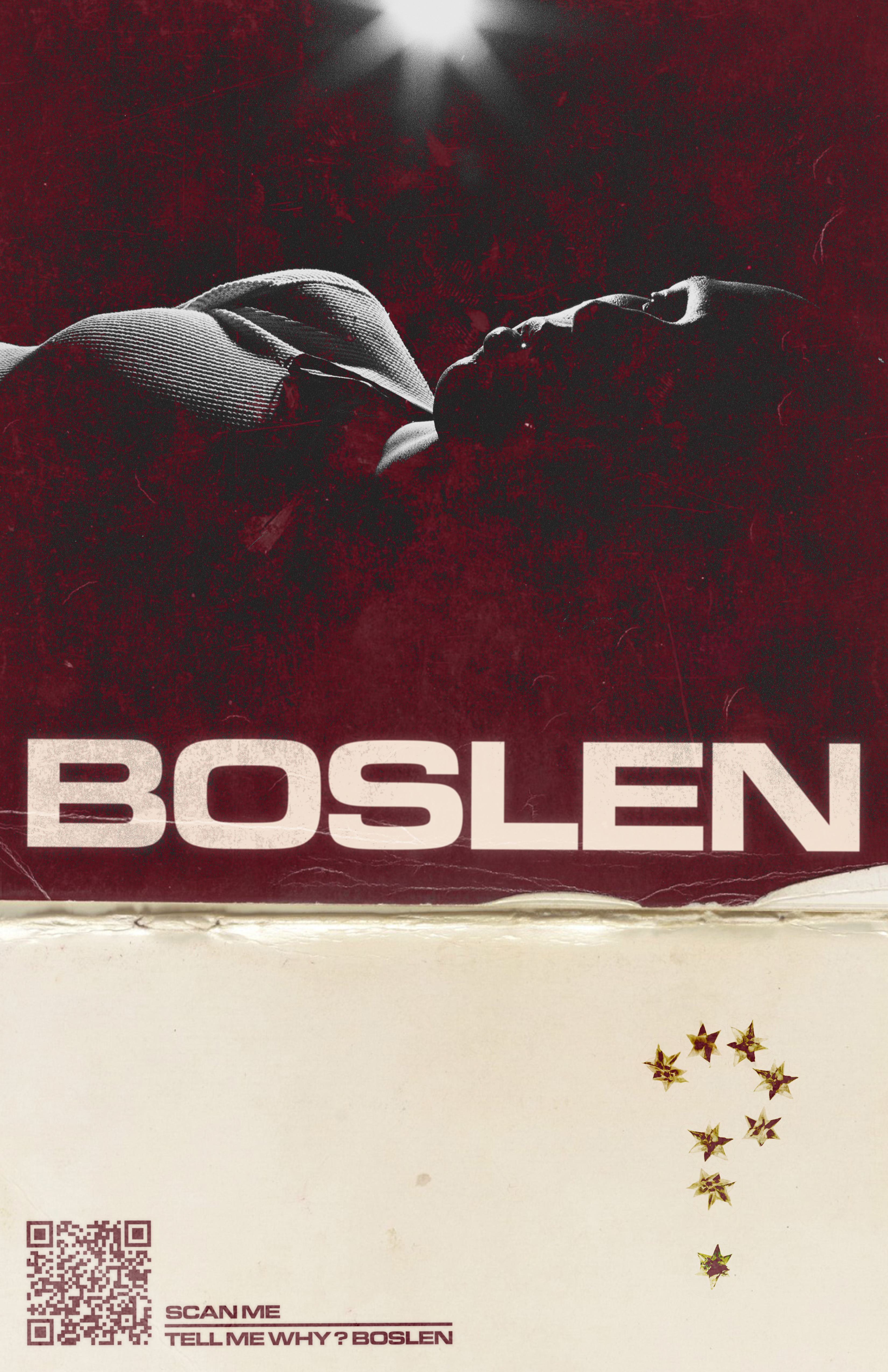 Creative promotional poster featuring an adult male partially visible in dark red tones with a question mark made of star objects.