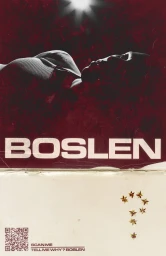 Music campaign poster for Boslen featuring a red-toned silhouette portrait, bold typography, star graphics, and a QR code.