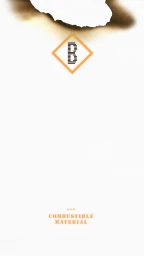 Graphic design layout with a burnt paper top edge, an orange diamond logo containing the letter B, and combustible material text.