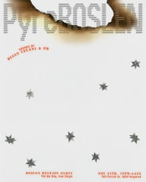 Graphic poster design featuring burnt paper edges, dot-matrix typography, scattered metallic stars, and orange text for Boslen.
