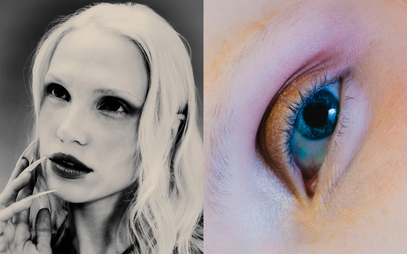 Diptych featuring a black and white portrait of a woman with bleached hair and long nails alongside an extreme macro shot of a blue eye.